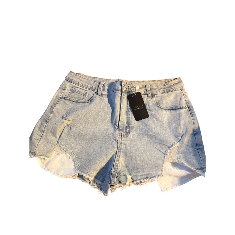 NVFelix Womens Distressed Denim Shorts Light Wash Frayed Raw Hem Size XL NWT